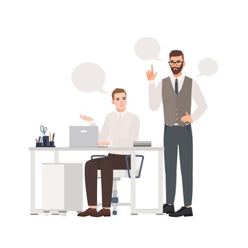 Boss instructing subordinate at workplace. Male office workers dressed in smart clothes talking to each other. Dialog or professional conversation between colleagues. Flat cartoon vector illustration.