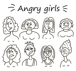 Angry Women. Furious girl Negative emotions. Bad mood. Linear style. The girls are angry. Sketch.