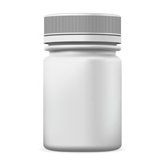 Pill Bottle. White Medicine Empty Container, Vector. Vitamin Drug Pharmaceutical Healthcare Industry. Medication Antibiotic Pot for Aspirin Dose. Supplement Packaging Design Mockup. 3d Plastic Jar.