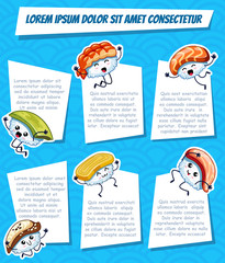 Six cartoon frame with funny sushi on blue background. Template for advertising brochure with your text. Ready for your message. Funny cartoon character. Vector illustration