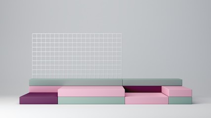 Colorful shapes on a coral abstract background. Minimal boxes and pink, violet podium.Scene with geometrical forms. Empty showcase for cosmetic product presentation. Fashion magazine. 3d render. 