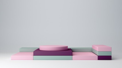 Colorful shapes on a coral abstract background. Minimal boxes and pink, violet podium.Scene with geometrical forms. Empty showcase for cosmetic product presentation. Fashion magazine. 3d render. 