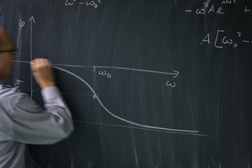 Math teacher drawing   fuction graph on a blackboard during mathclass (motion blurred image)