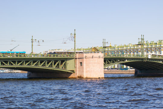 Dvortsovy bridge and the Admiralty across Neva river, St Petersburg, Russia