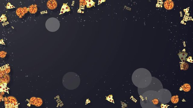 Italian restaurant menu, cafe, pizzeria. Pizza with wheels on black chalkboard background. Slice of pizza with tomato, olives, mushrooms. Fast food delivery symbol.