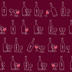 Simple seamless pattern with hand drawn bottle of wine glasses for restaurant menu, textile, wallpapers, gift wrap and scrapbook. Vector illustration.
