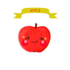 Kavai apple. Cute apple on a white background with a title. Cheerful, funny edible character. Illustration.
