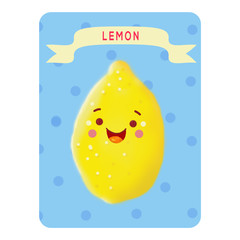Kavai lemon. Lemon on a blue background with circles with a ribbon with a name, a lemon without a table. Funny edible character. Cute lemon.