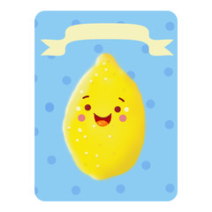 Cute lemon. Lemon on a blue background with circles with a ribbon without a name, a lemon without a table. Funny edible character. Kavai lemon. Illustration.