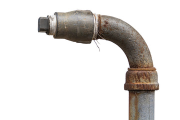 Old rusty pipes with taps and fittings isolated on white background. Close-up