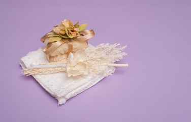beauty set with soap on a violet background
