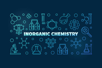 Inorganic Chemistry blue vector concept horizontal illustration in thin line style on dark background