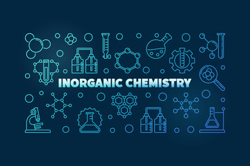 Inorganic Chemistry blue vector concept horizontal illustration in thin line style on dark background