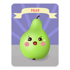Illustration. Playing card. Funny edible character. Pear on purple background with stripes with the name on the table. Kavai pear.
