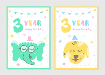 Set of kids doodles postcard with elephant and dog. Happy Birthday cards. Ñongratulation on 3 year