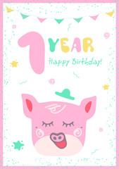 Kids doodles postcard with pig. Happy Birthday card. Congratulation on 1 year