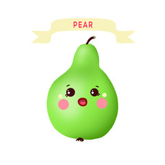 Kavai pear. Cute pear on a white background with a title. Cheerful, funny edible character.