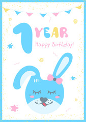 Kids doodles postcard with rabbit. Happy Birthday card. Congratulation on 1 year