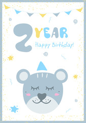 Kids doodles postcard with bear. Happy Birthday card. Congratulation on 2 year