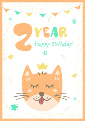 Kids doodles postcard with cat. Happy Birthday card. Congratulation on 2 year
