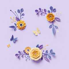 3d render, yellow paper flowers on violet background, festive floral bouquet, clip art set,...