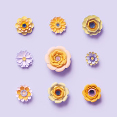 Fototapeta premium 3d render, violet yellow craft paper flowers, floral clip art set, isolated botanical design elements, bright candy colors, decorative embellishment