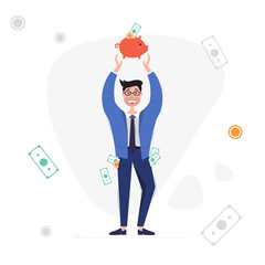 Businessman with piggy bank. Man with money in his pockets. Saving and investing money concept. Vector illustration on white background