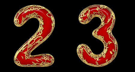 Obraz premium Number set 2, 3 made of realistic 3d render golden shining metallic. Collection of gold shining metallic with red color plastic symbol