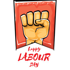 Happy labour day vector label with strong orange fist isolated on white background. vector happy labor day background with man hand. red workers may day poster