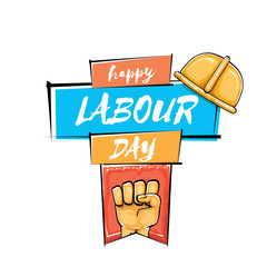 Happy labour day vector label with strong orange fist isolated on white background. vector happy labor day background with man hand. red workers may day poster