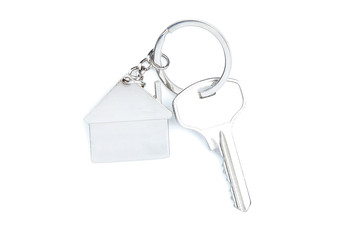 Silver key with house symbol isolated on white background