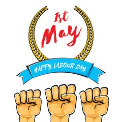 Happy labour day vector label with strong orange fist isolated on white background. vector happy labor day background with man hand. red workers may day poster