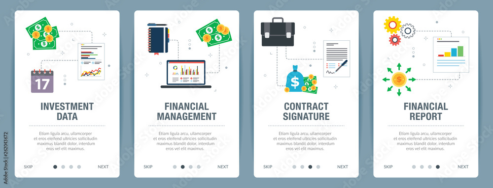 Poster web banners concept in vector with investment data, financial management, contract signature and fin