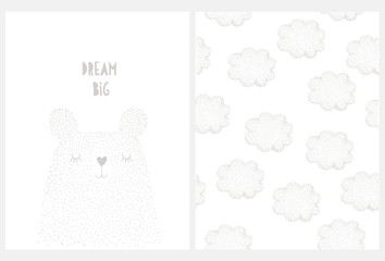 Cute Hand Drawn Big Bear Vector Illustration. Funny Bear Made of Tiny Gray Dots. Dream Big Nursery Art. Irregular Vector Pattern with Doted Clouds on a White Background. Kids Room Decoration.