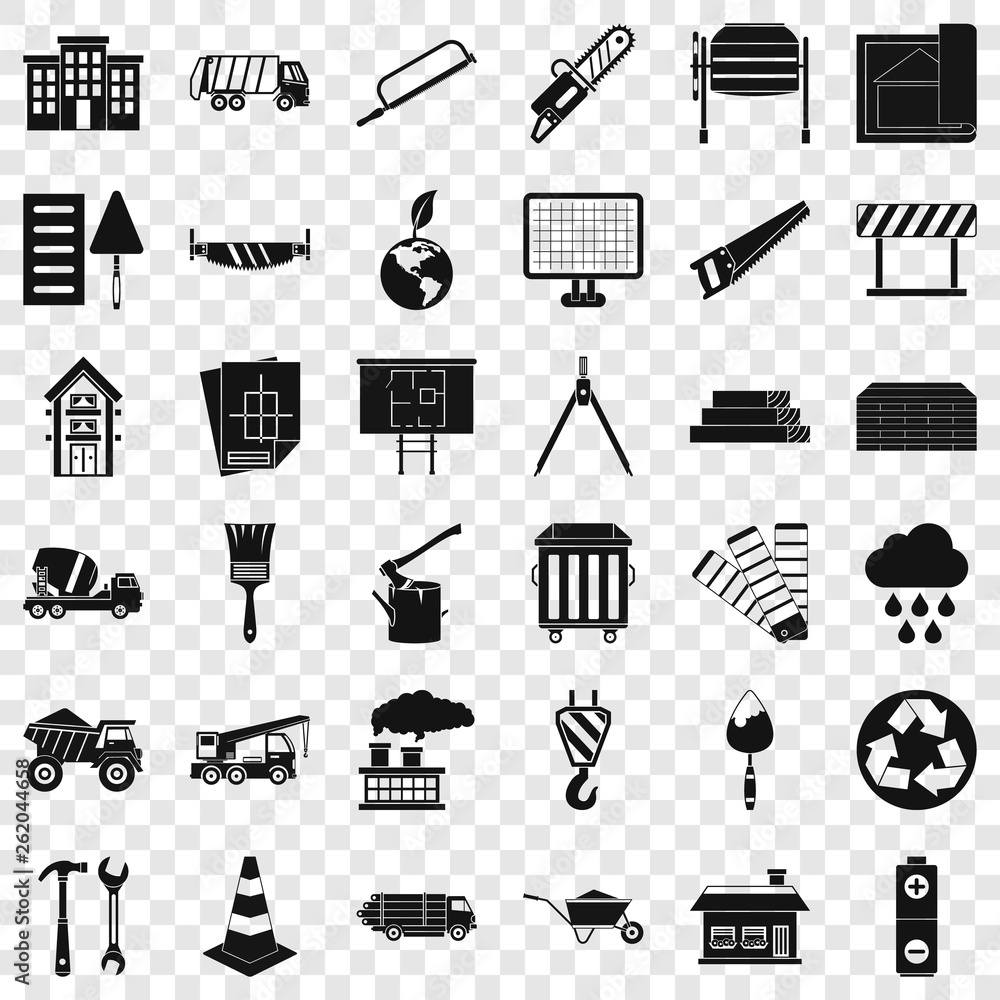 Poster construction material icons set. simple style of 36 construction material vector icons for web for a