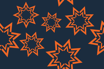 Seamless, abstract background pattern made with geometric star shapes. Decorative, modern vector art in orange and blue colors.