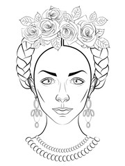 black and white illustration of a beautiful young girl with a traditional Mexican hairstyle