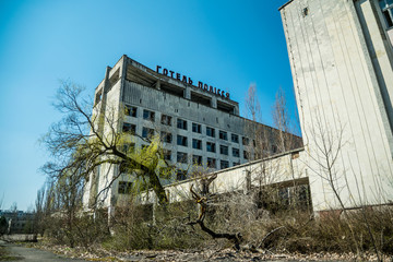 Old abandoned house in the ghost town of Pripyat, Ukraine. Consequences of a nuclear explosion at the Chernobyl nuclear power plant