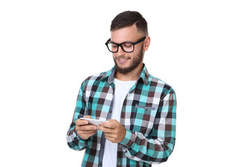 Young man with smartphone isolated on white background