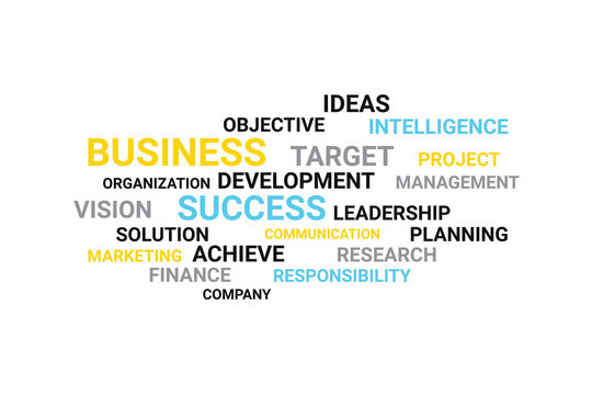 Business word collage concept in grey, yellow, blue and black colors with modern typography.