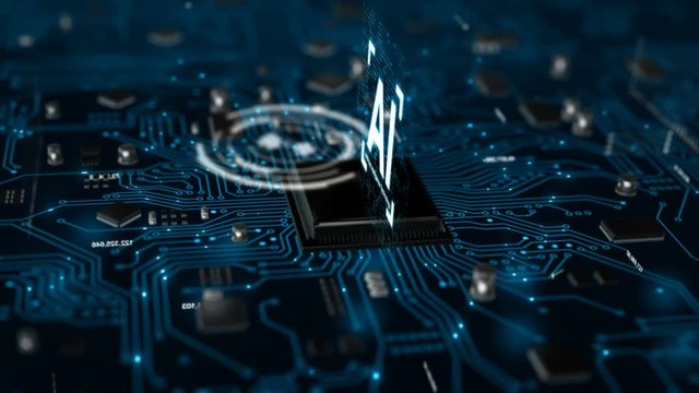 3D Render animation of AI Artificial intelligence in CPU chipset central processor unit and electric print circuit board with data traffic light on dark and grain processed