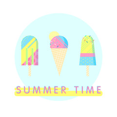 Colorful ice cream set with text - summer time.Perfect for restaurant menu backdrop, healthy food concept, ice cream bar,t-shirts,cards and prints.Vector illustration with ice cream and popsicle.