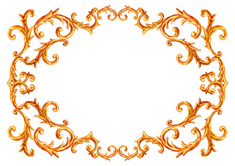 Baroque style elements. Watercolor hand drawn vintage engraving floral scroll filigree design frame.