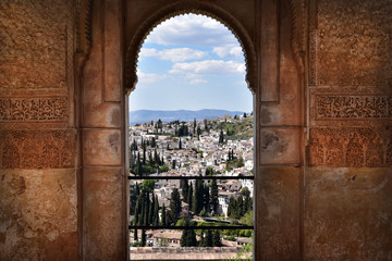 Oratory interior, the Nasrid Palaces, Albaicin can be seen through the windows,  Alhambra, Granada, Spain