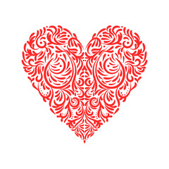 Obraz na płótnie Canvas Ornate vector heart in Victorian style. Elegant element for logo design. Lace floral illustration for wedding invitations, greeting cards, Valentines cards. Vintage red decor in shape of heart.