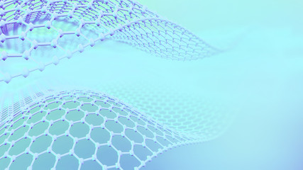 Abstract blue mesh in shape of wave. 3d mesh consist of hexagons. Graphene molecular grid. Abstract background with place for text. 3d render