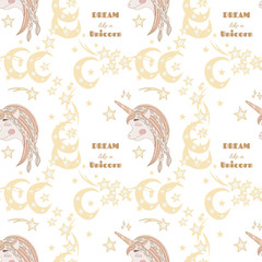 Seamless pattern with sleep Unicorn with long hair with moon and star