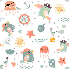 Doodle piratical seamless pattern with birds