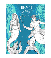 Beach party invitation with couple of mermaid and merman and marine waves background. Vector illustration