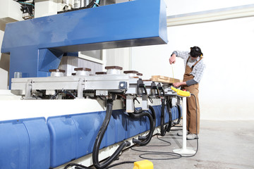 carpenter man works with wooden planks in the joinery, measure with meter, with computer numerical control center, cnc machine,  isolated on a white background
